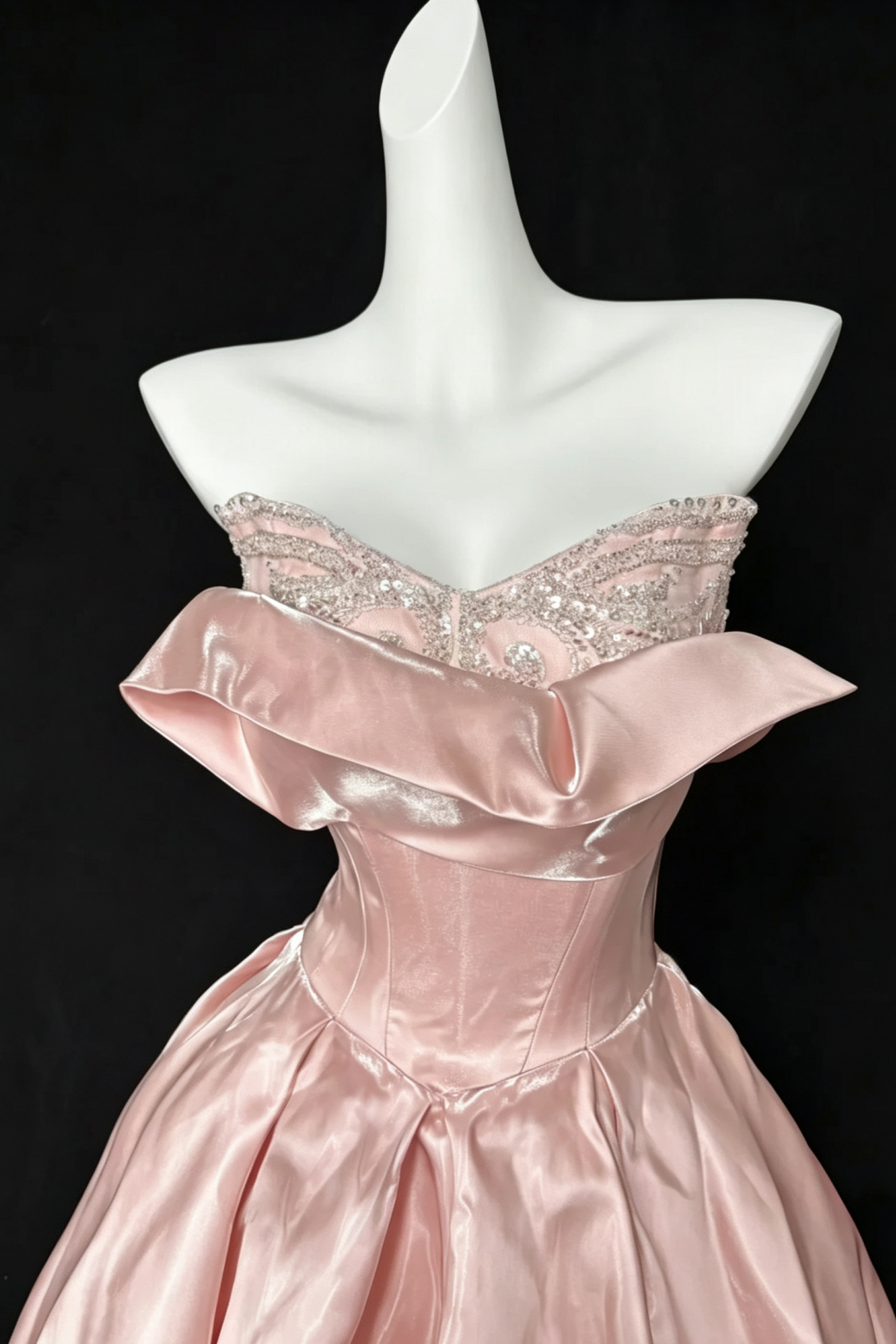 Ball Gown Blush Satin Formal Evening Dress, Adjustable Fold Neck Beaded Prom Gown  F028