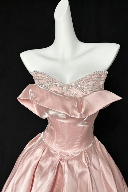 Ball Gown Blush Satin Formal Evening Dress, Adjustable Fold Neck Beaded Prom Gown  F028