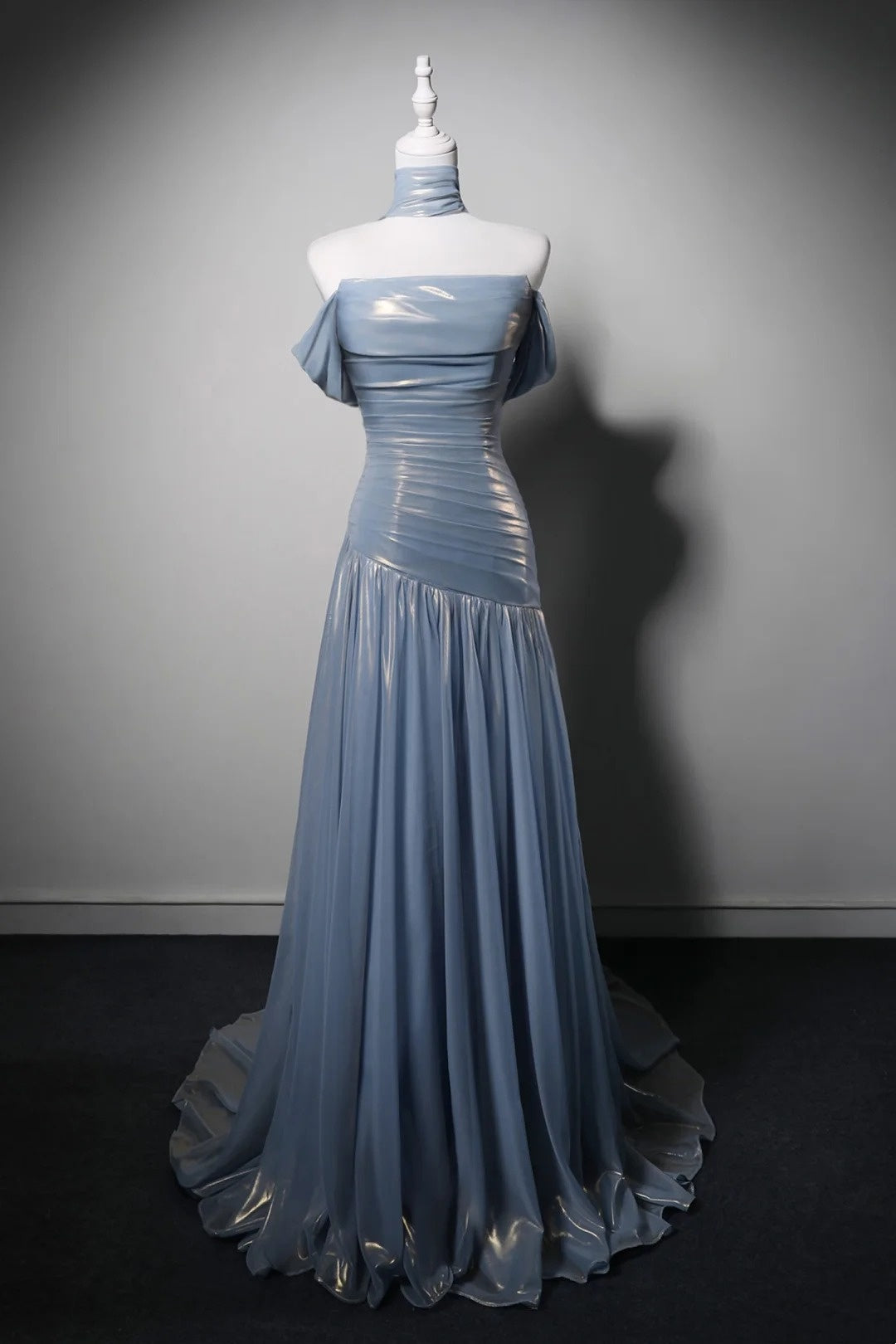 Strapless Glitter Satin Tiered A-Line Evening Dress with High Slit F0351