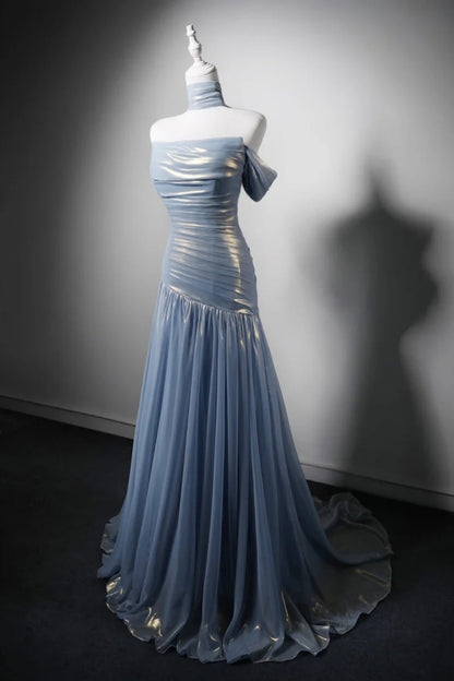 Strapless Glitter Satin Tiered A-Line Evening Dress with High Slit F0351