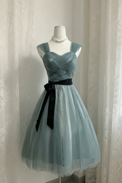 Dusty Green Tulle Tea Length Homecoming Dress Cross Ruched Sweetheart Dress F0305