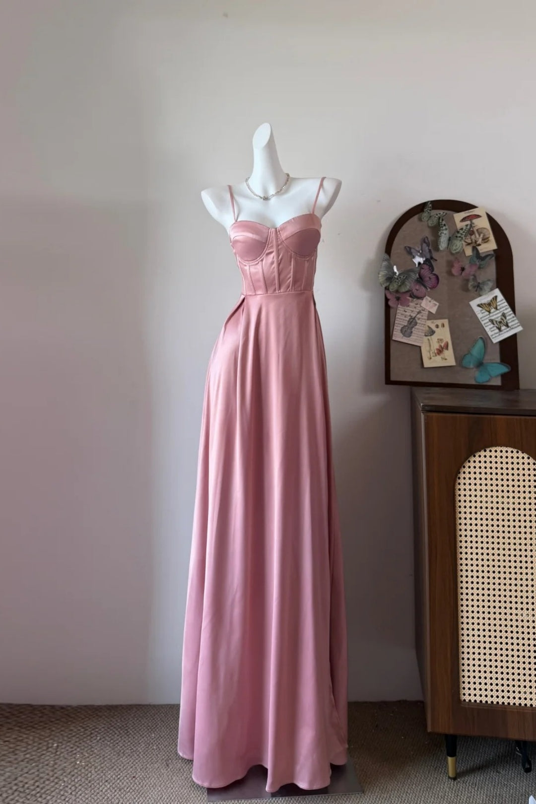 Satin Spaghetti Strap Evening Gown Corset Bodice A-Line Long Dress F0376