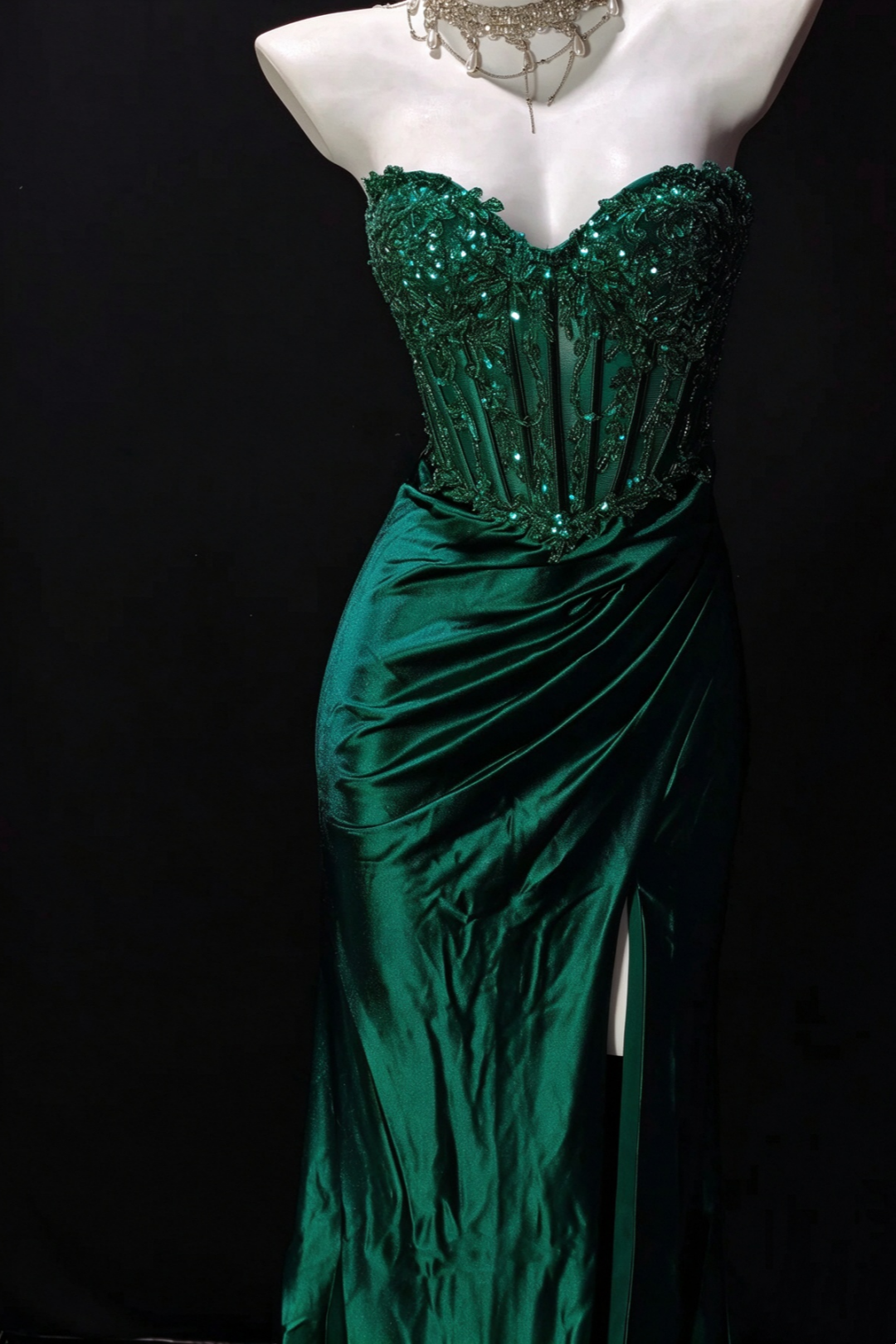 Emerald Green Satin Mermaid Evening Gown Beaded Corset Slit Dress F0374