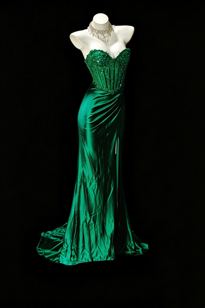 Emerald Green Satin Mermaid Evening Gown Beaded Corset Slit Dress F0374