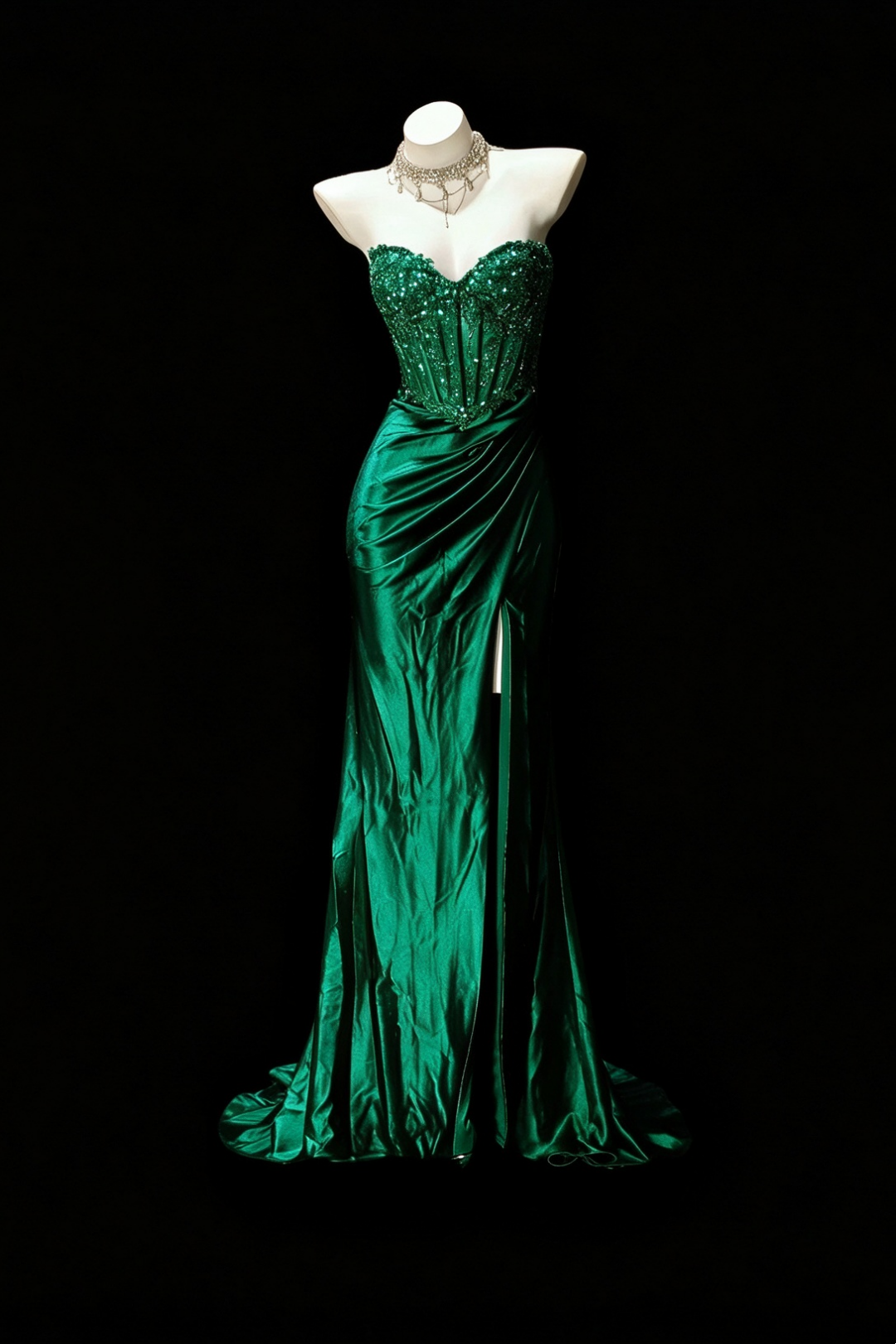 Emerald Green Satin Mermaid Evening Gown Beaded Corset Slit Dress F0374