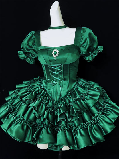 Emerald Green Satin Puff Sleeve Corset Mini Homecoming Dress F0328