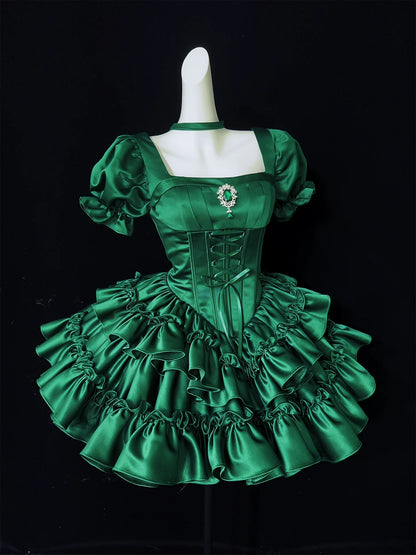 Emerald Green Satin Puff Sleeve Corset Mini Homecoming Dress F0328