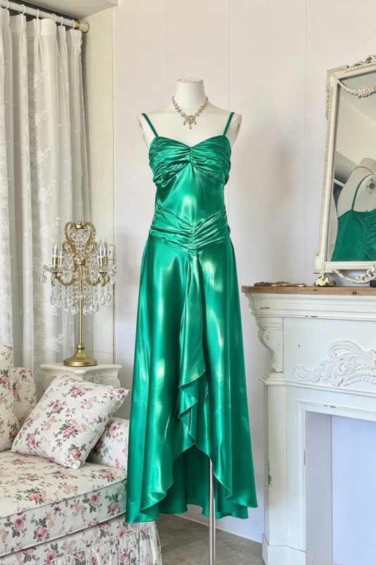 Emerald Green Satin Spaghetti Strap High Low Evening Dress  F0390