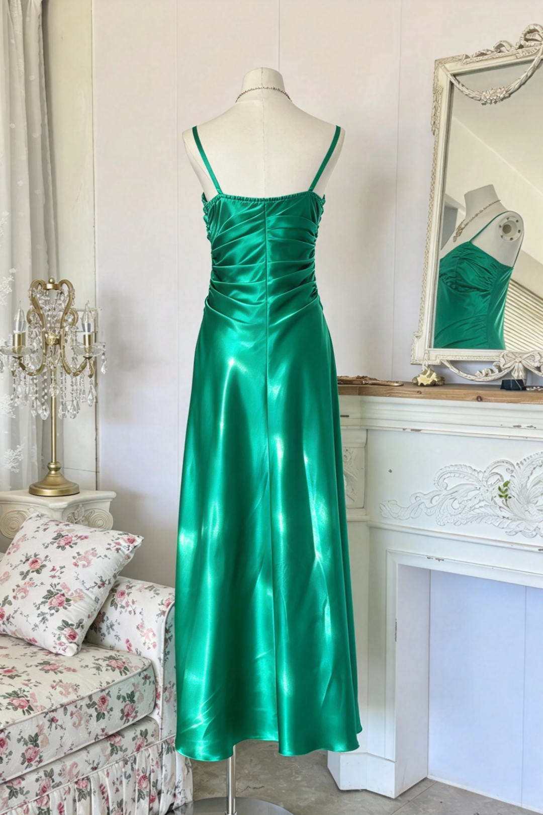 Emerald Green Satin Spaghetti Strap High Low Evening Dress  F0390