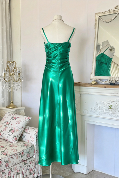 Emerald Green Satin Spaghetti Strap High Low Evening Dress  F0390