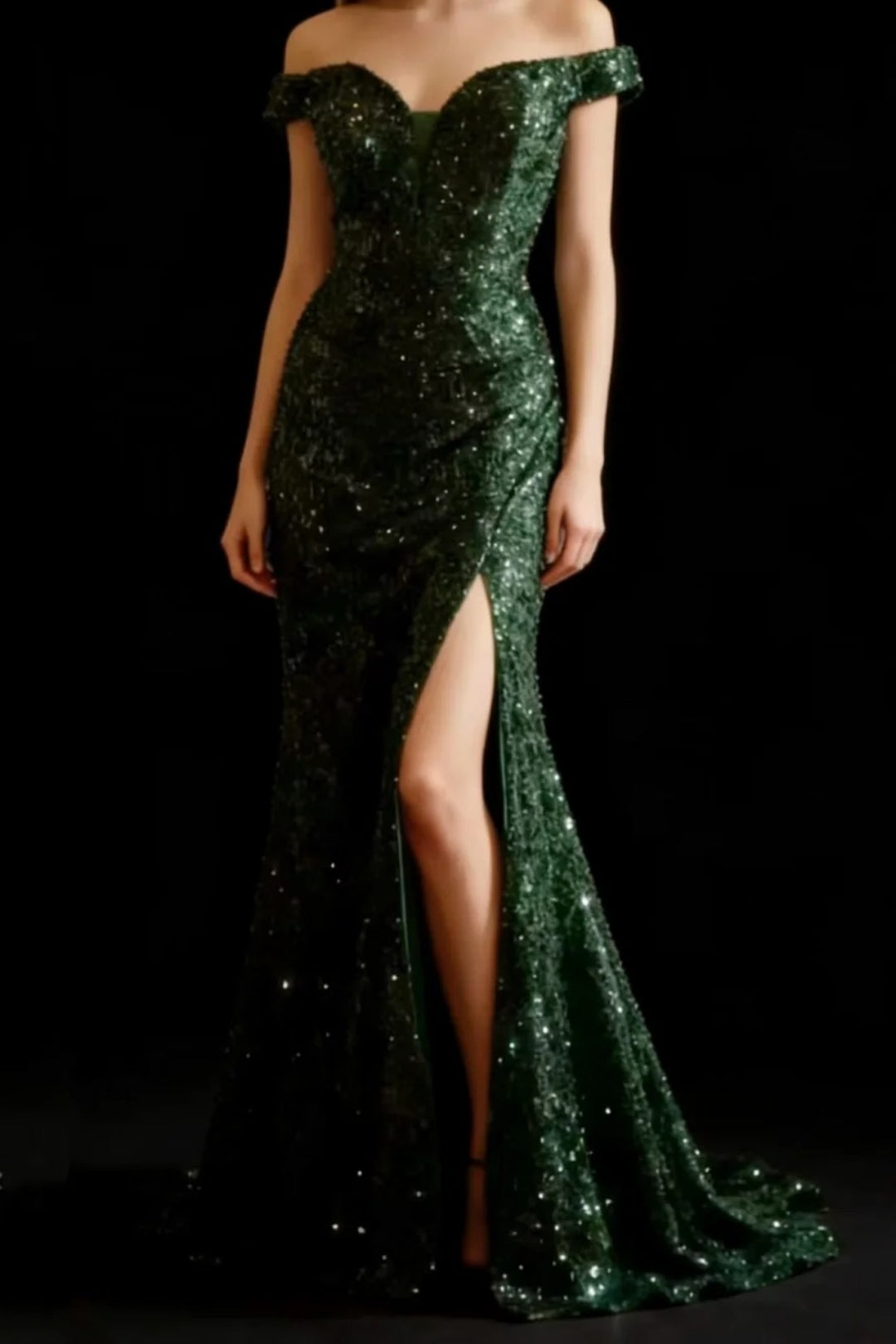 Emerald Green Sequin Mermaid Dress Off Shoulder Slit Prom Gown F0368
