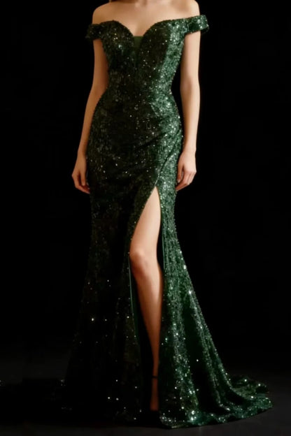 Emerald Green Sequin Mermaid Dress Off Shoulder Slit Prom Gown F0368