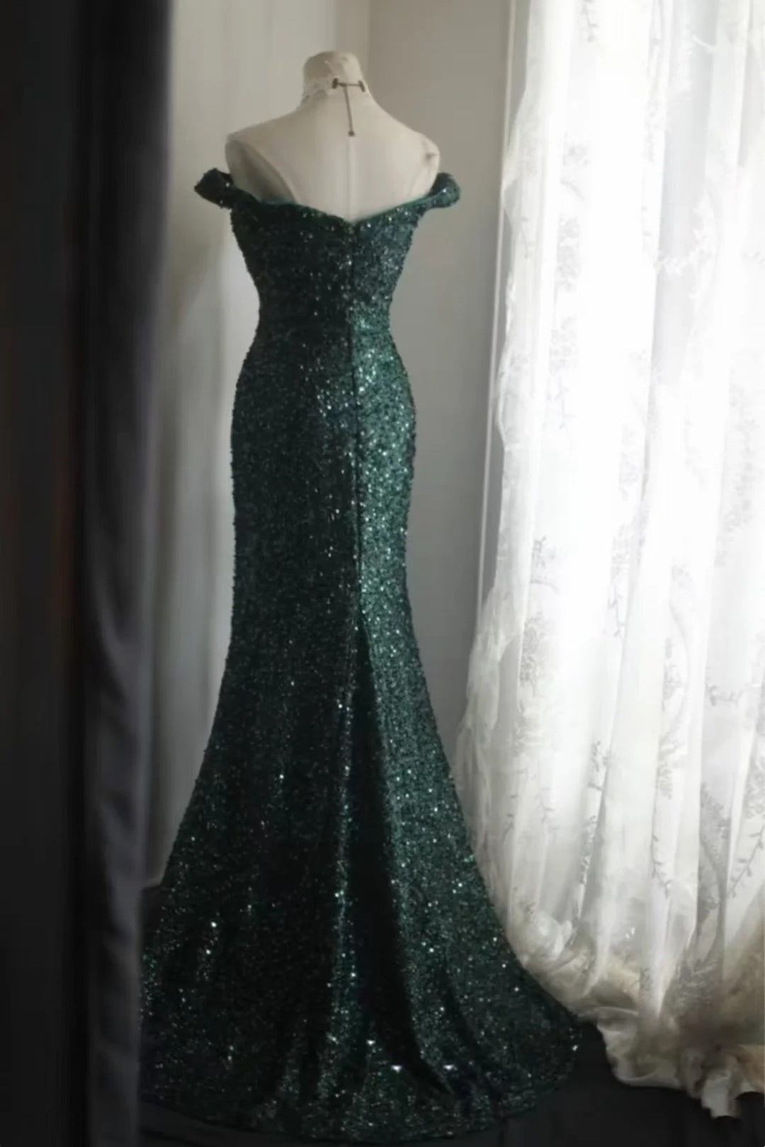 Emerald Green Sequin Mermaid Dress Off Shoulder Slit Prom Gown F0368