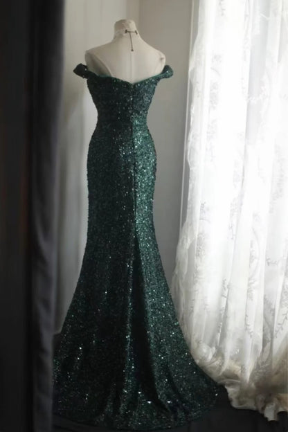 Emerald Green Sequin Mermaid Dress Off Shoulder Slit Prom Gown F0368