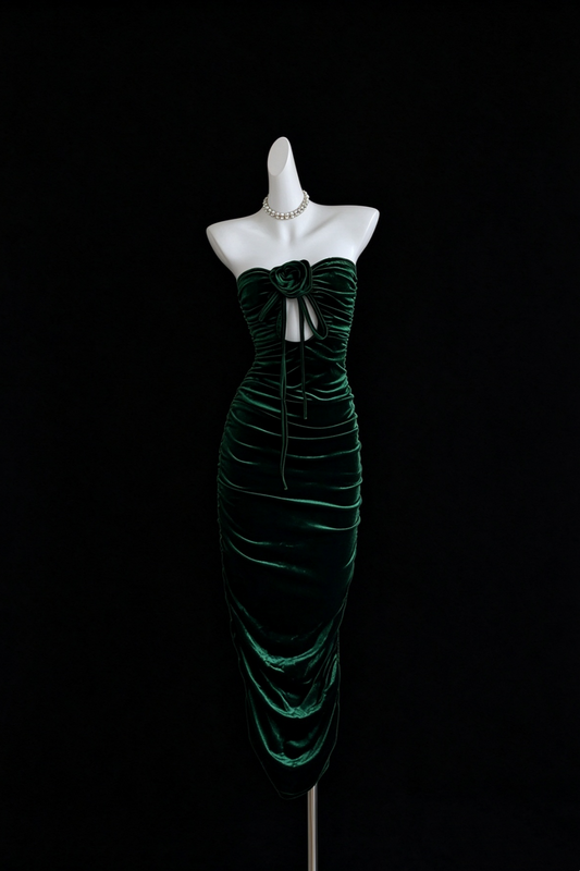 Emerald Green Velvet Strapless Midi Formal Dress, 3D Floral Cutout Ruched Party Dress F0534