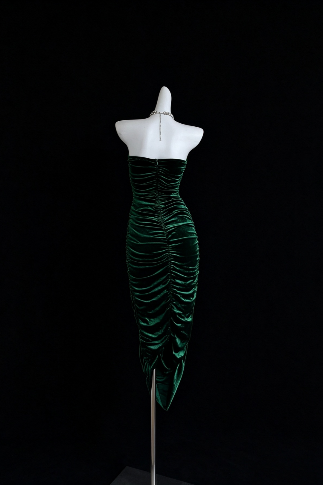 Emerald Green Velvet Strapless Midi Formal Dress, 3D Floral Cutout Ruched Party Dress F0534