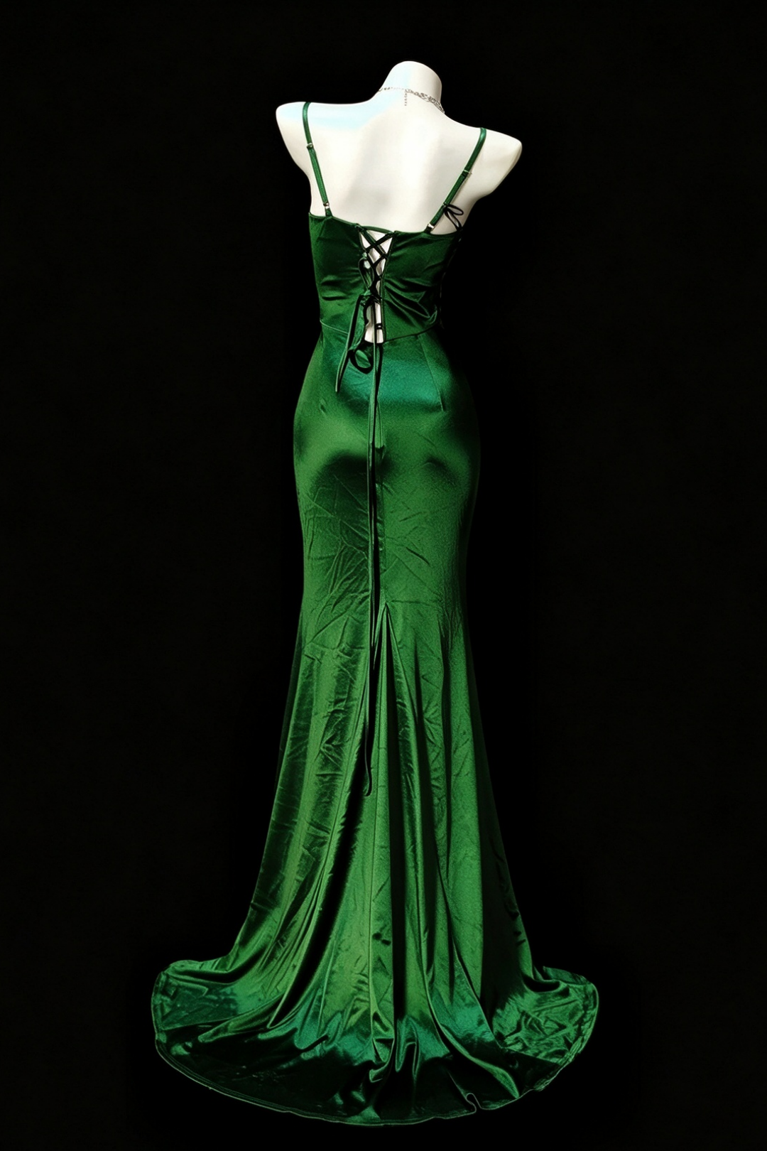 Emerald Satin Mermaid Prom Dress With Beading & Slit F0386