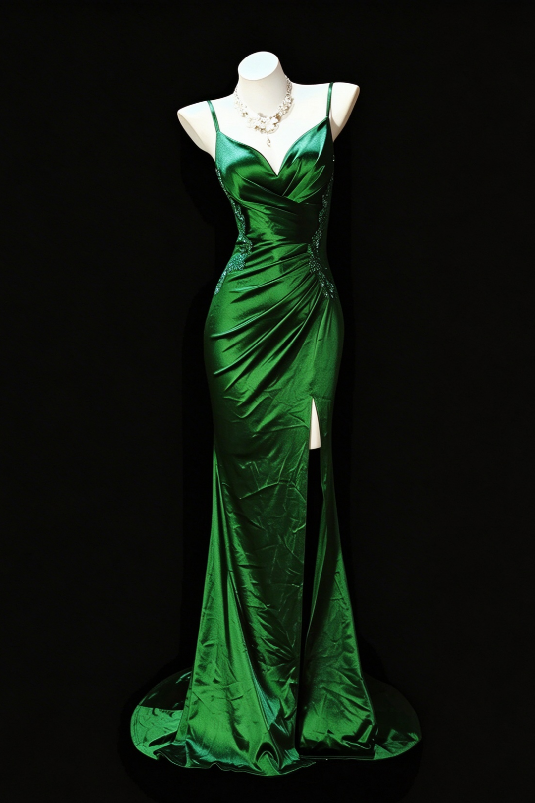 Emerald Satin Mermaid Prom Dress With Beading & Slit F0386