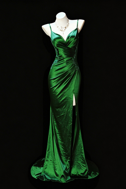 Emerald Satin Mermaid Prom Dress With Beading & Slit F0386