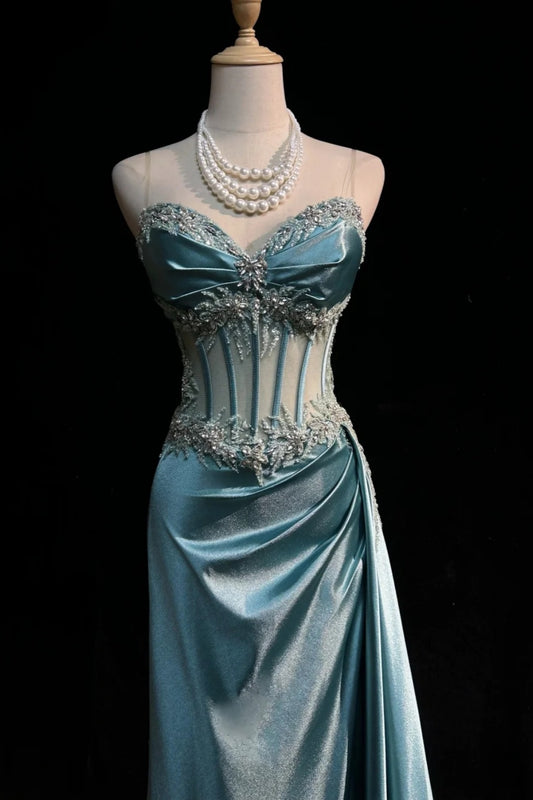Luxuriöses eisblaues Satin-Meerjungfrauen-Abendkleid, durchsichtiges Korsett mit Perlen, formelles Dinnerparty-Kleid F001