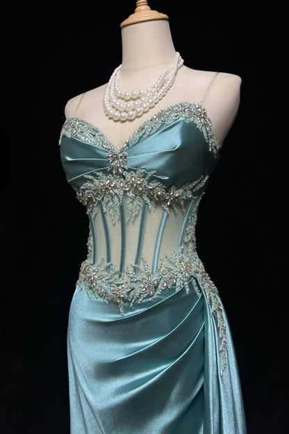 Luxuriöses eisblaues Satin-Meerjungfrauen-Abendkleid, durchsichtiges Korsett mit Perlen, formelles Dinnerparty-Kleid F001