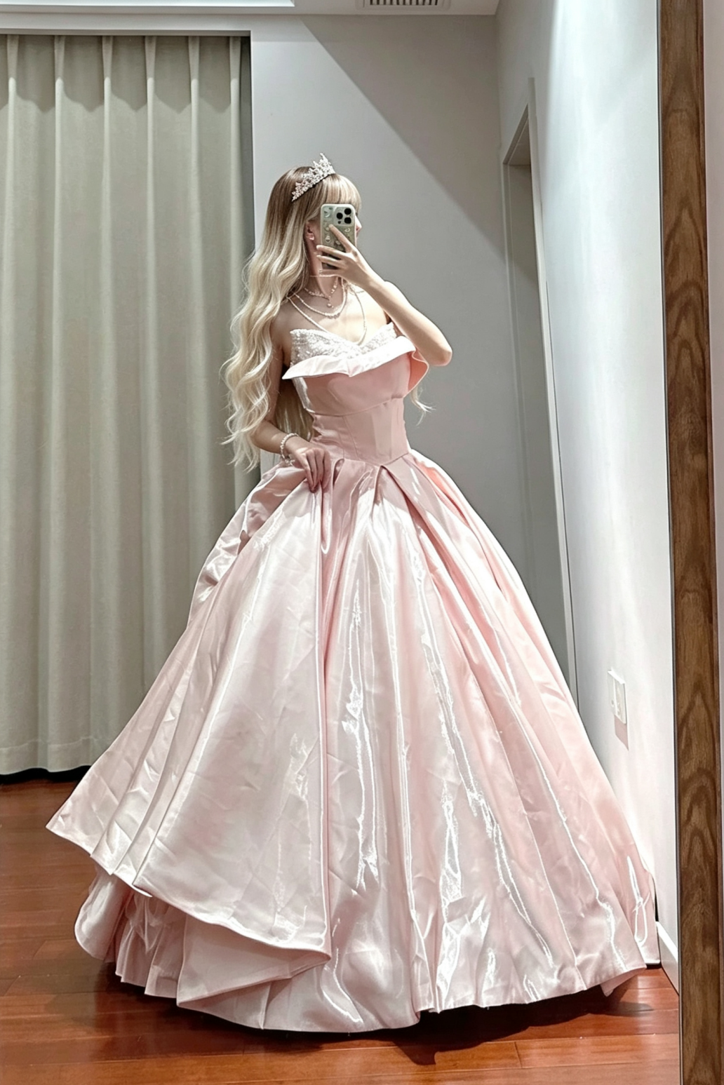 Ball Gown Blush Satin Formal Evening Dress, Adjustable Fold Neck Beaded Prom Gown  F028