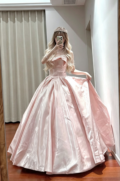 Ball Gown Blush Satin Formal Evening Dress, Adjustable Fold Neck Beaded Prom Gown  F028