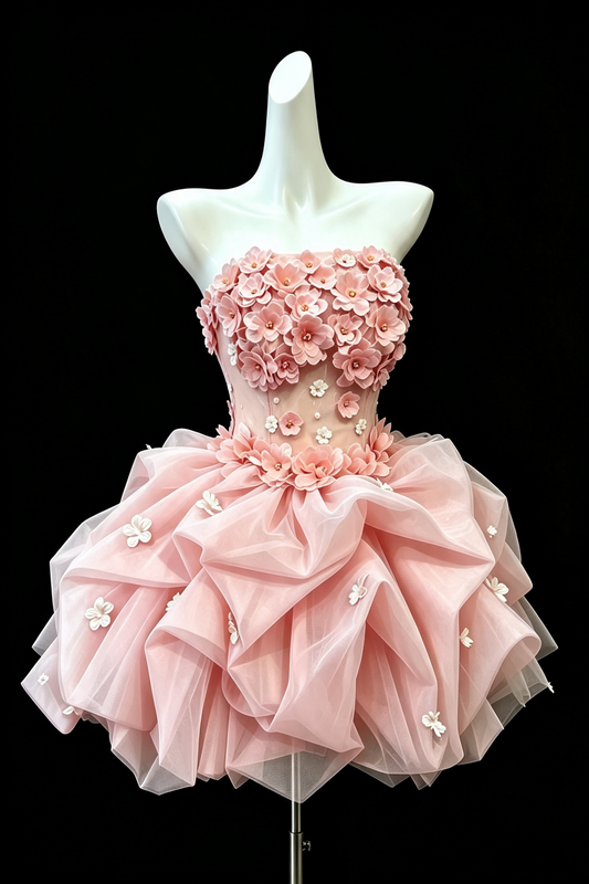 Pinkes trägerloses kurzes Partykleid, handgefertigte 3D-Blumenapplikationen, voluminöses Tüll-Rüschen-Heimkehrkleid F0011