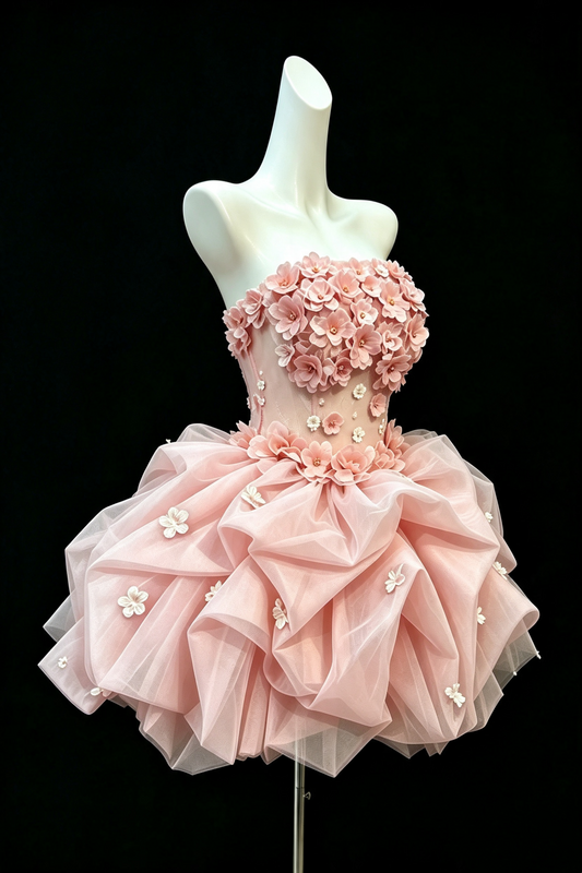 Pinkes trägerloses kurzes Partykleid, handgefertigte 3D-Blumenapplikationen, voluminöses Tüll-Rüschen-Heimkehrkleid F0011