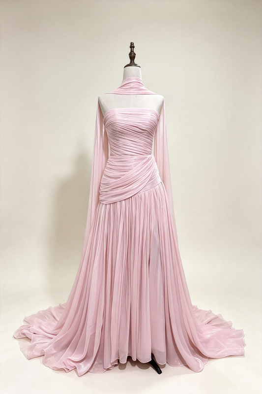 Staubrosa schimmerndes Chiffon-Ballkleid Neckholder Cape Ärmel Schnürung Rücken Langes Abendkleid F0027