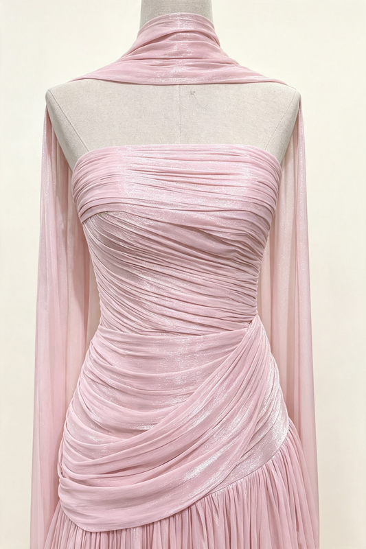 Staubrosa schimmerndes Chiffon-Ballkleid Neckholder Cape Ärmel Schnürung Rücken Langes Abendkleid F0027