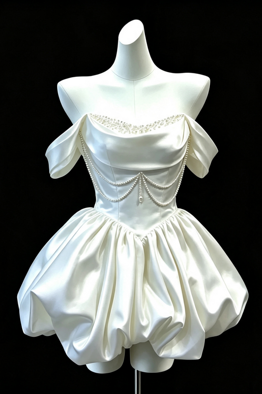 Perlenkette Off-Shoulder Satin Bubble Mini Hochzeitskleid F008