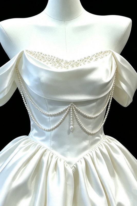 Perlenkette Off-Shoulder Satin Bubble Mini Hochzeitskleid F008