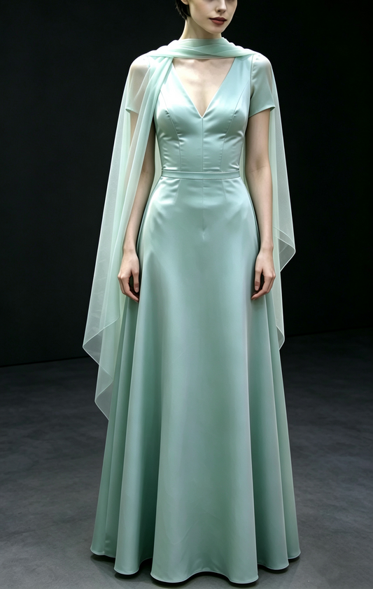 Original Design Dress Green V Neck Satin Long Dress Sheer Chiffon Cape Formal Gown F0245