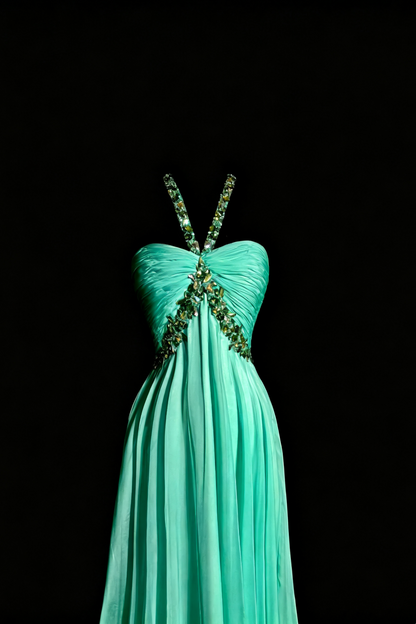 Elfenhafte Chiffon-Abendrobe in Minze, Perlenbesticktes Neckholder-Kleid mit Raffung und offenem Rücken F0041