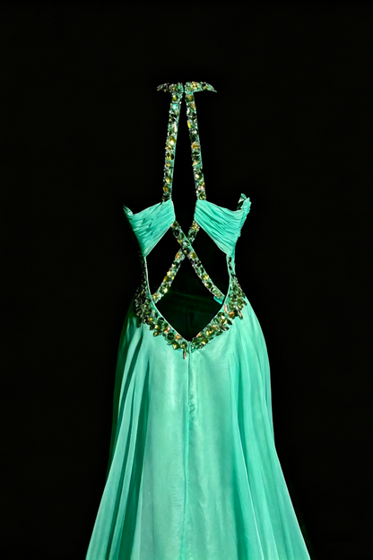 Elfenhafte Chiffon-Abendrobe in Minze, Perlenbesticktes Neckholder-Kleid mit Raffung und offenem Rücken F0041