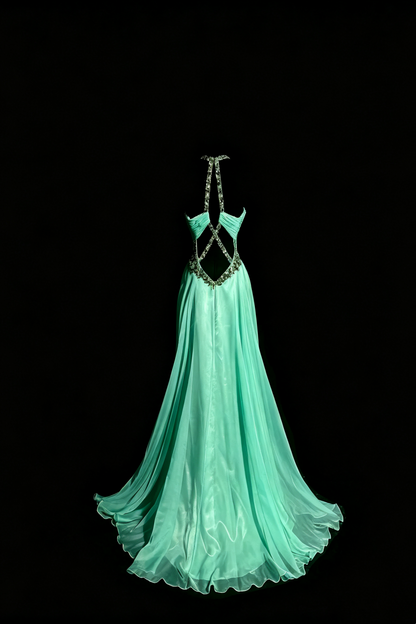 Elfenhafte Chiffon-Abendrobe in Minze, Perlenbesticktes Neckholder-Kleid mit Raffung und offenem Rücken F0041