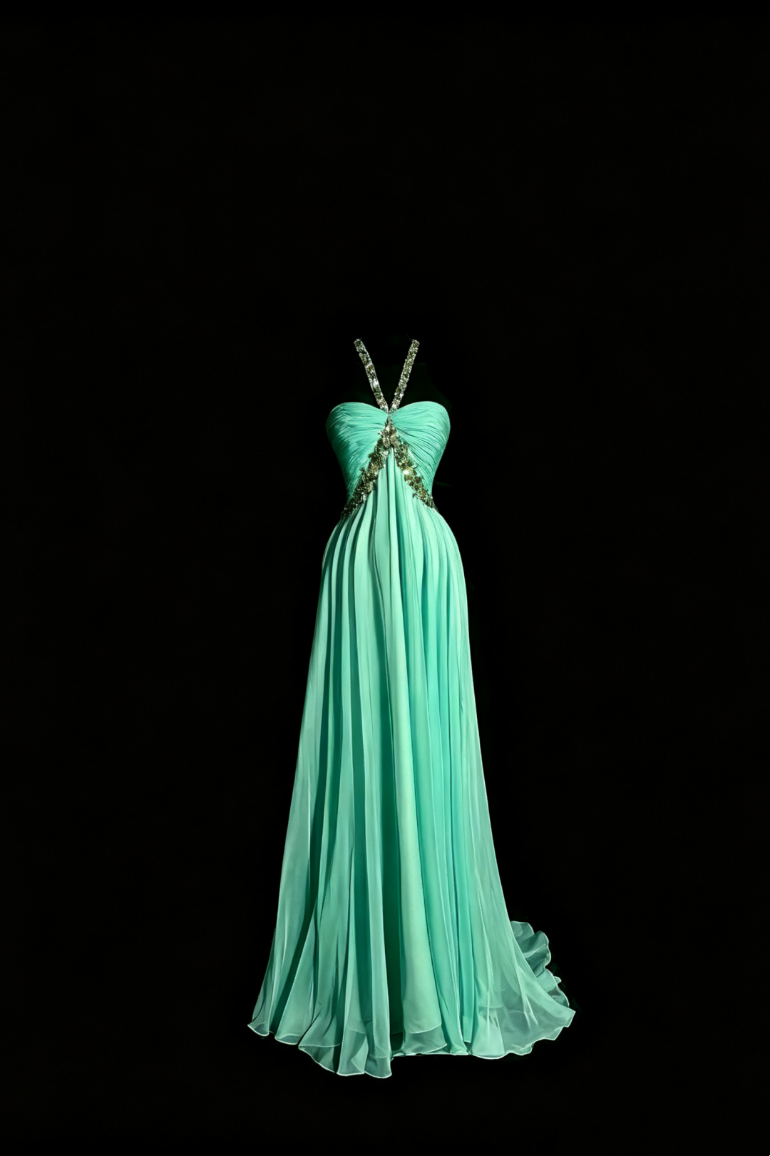Elfenhafte Chiffon-Abendrobe in Minze, Perlenbesticktes Neckholder-Kleid mit Raffung und offenem Rücken F0041