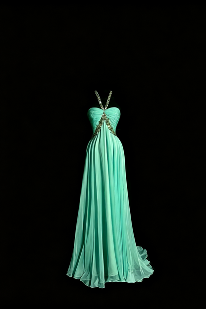 Elfenhafte Chiffon-Abendrobe in Minze, Perlenbesticktes Neckholder-Kleid mit Raffung und offenem Rücken F0041