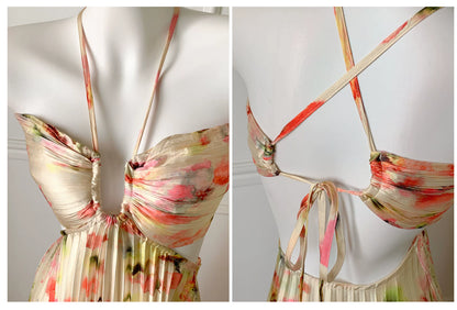 Floral Print Halter Pleated Backless Long Evening Dress F0471