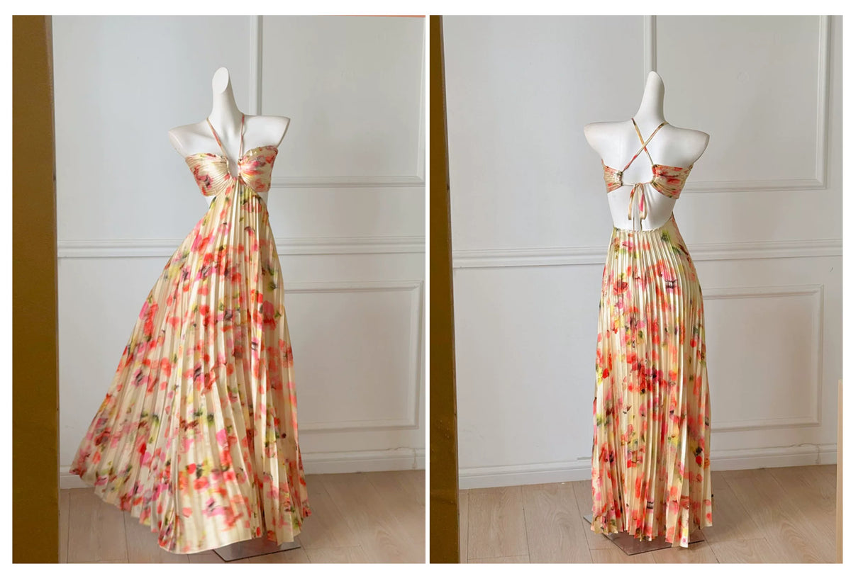 Floral Print Halter Pleated Backless Long Evening Dress F0471