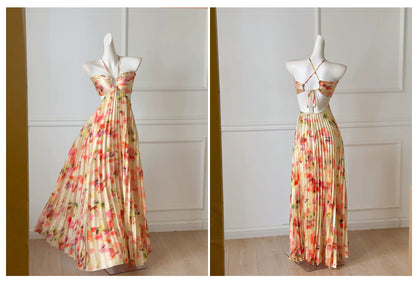 Floral Print Halter Pleated Backless Long Evening Dress F0471