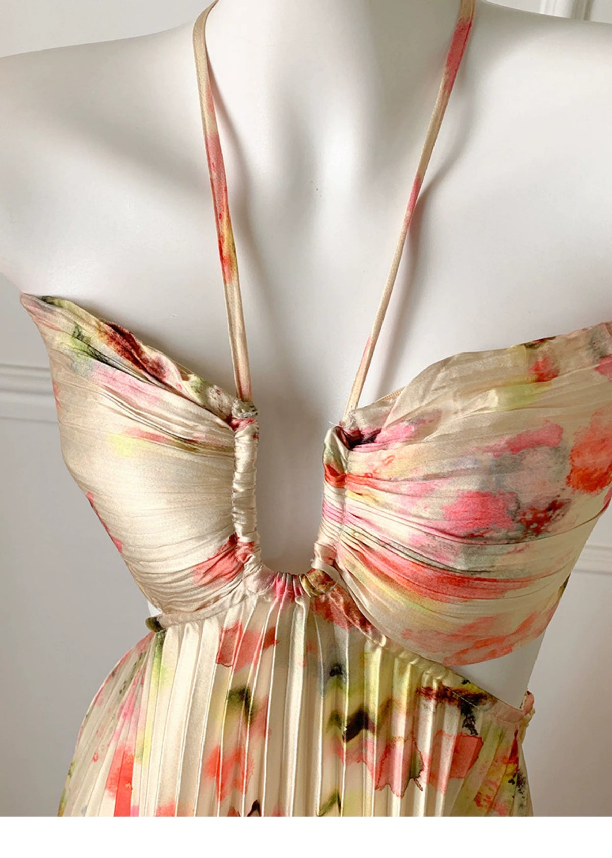Floral Print Halter Pleated Backless Long Evening Dress F0471