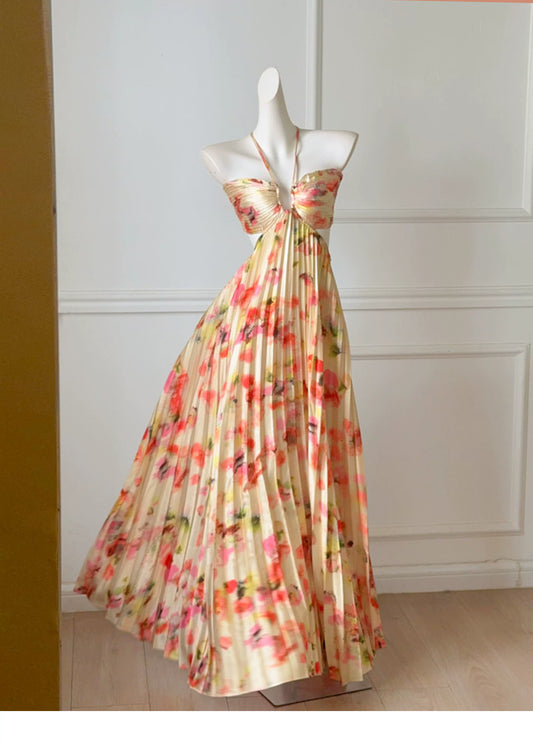 Floral Print Halter Pleated Backless Long Evening Dress F0471