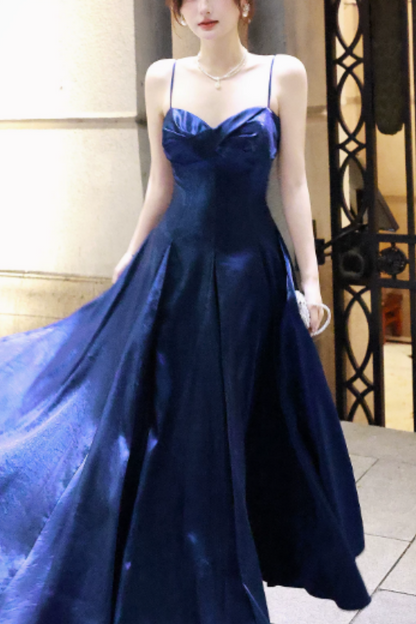 French-style blue satin camisole dress, A-line, form-fitting, elegant evening gown L003
