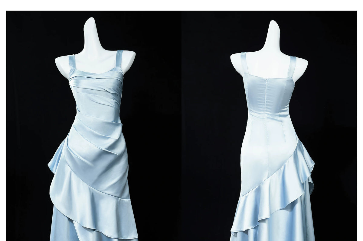 French-style blue satin sleeveless dress, spaghetti-strap, asymmetrical fishtail gown L004