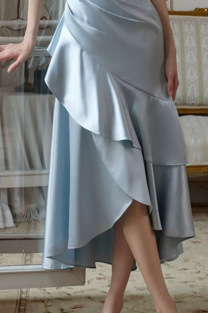French-style blue satin sleeveless dress, spaghetti-strap, asymmetrical fishtail gown L004