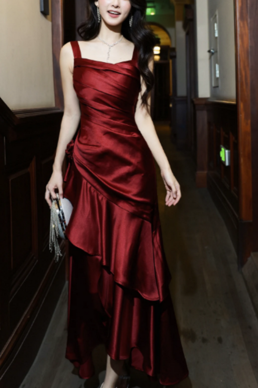 French-style red satin dress for women – a sophisticated, ruffled gown perfect for birthdays L002