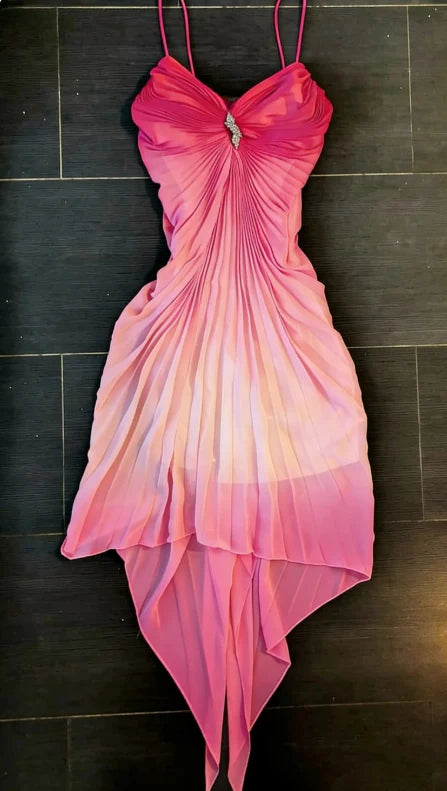 Ombre Pink Spaghetti Strap Pleated Chiffon Party Dress F0219