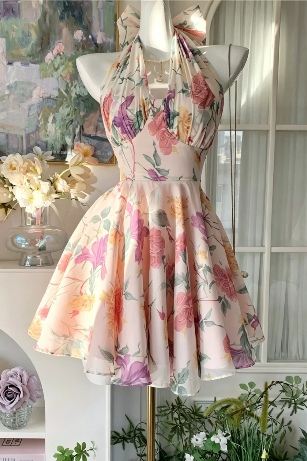 Garten Blumenprint Neckholder-Kleid, Schleifen-Rücken Kurzes Partykleid F0058